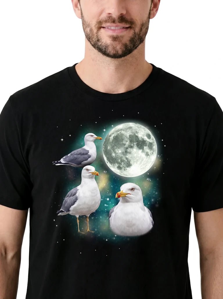 MagicMoon Three Seagull Moon on model, design detail view, Funny Animal Shirt