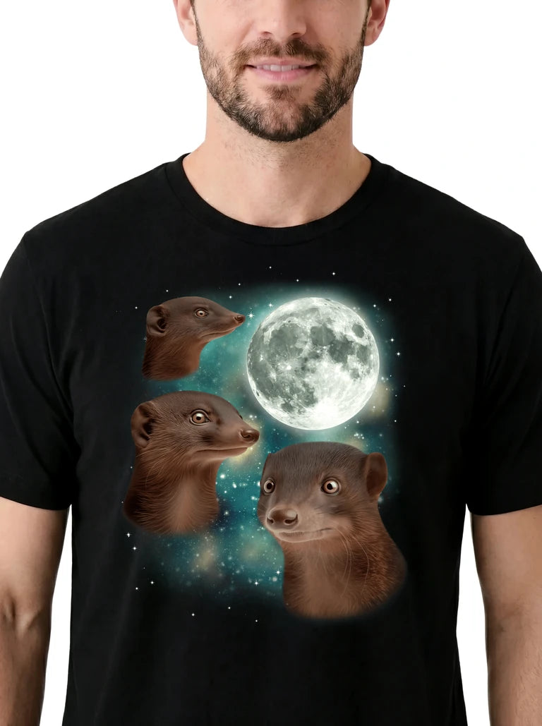 MagicMoon Three Mongoose Moon on model, design detail view, Funny Animal Shirt