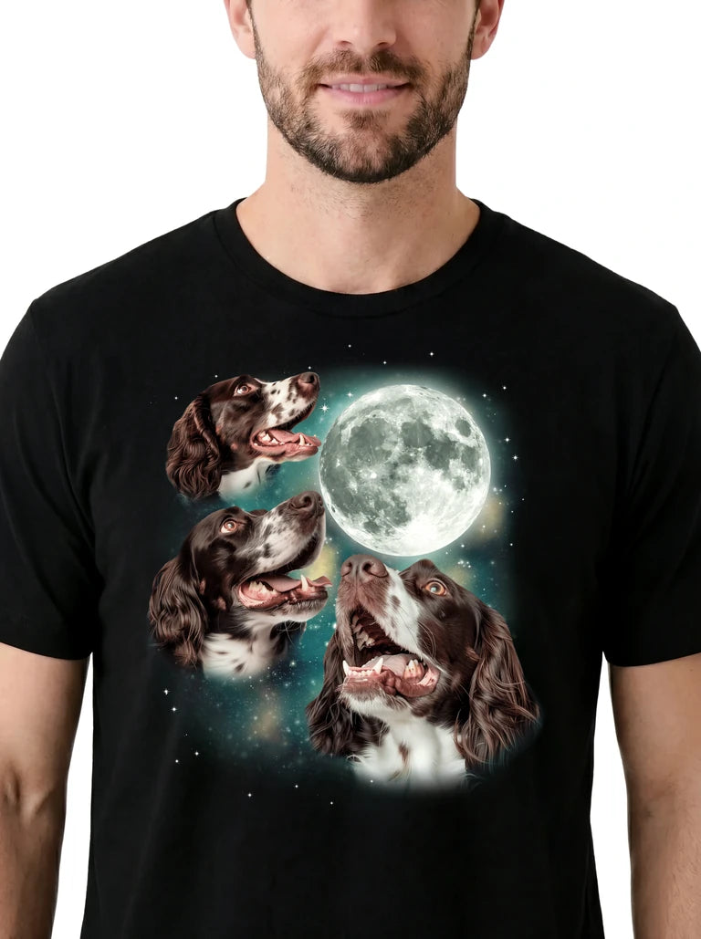 MagicMoon Three English Springer Spaniel Moon on model, design detail view, Funny Animal Shirt