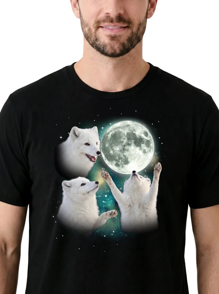 MagicMoon Three Arctic Fox Moon on model, design detail view, Funny Animal Shirt