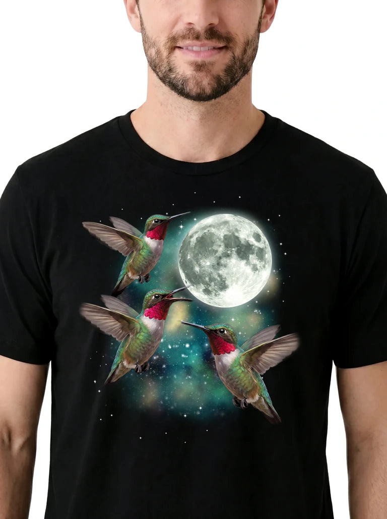 MagicMoon Three Hummingbird Moon on model, design detail view, Funny Animal Shirt