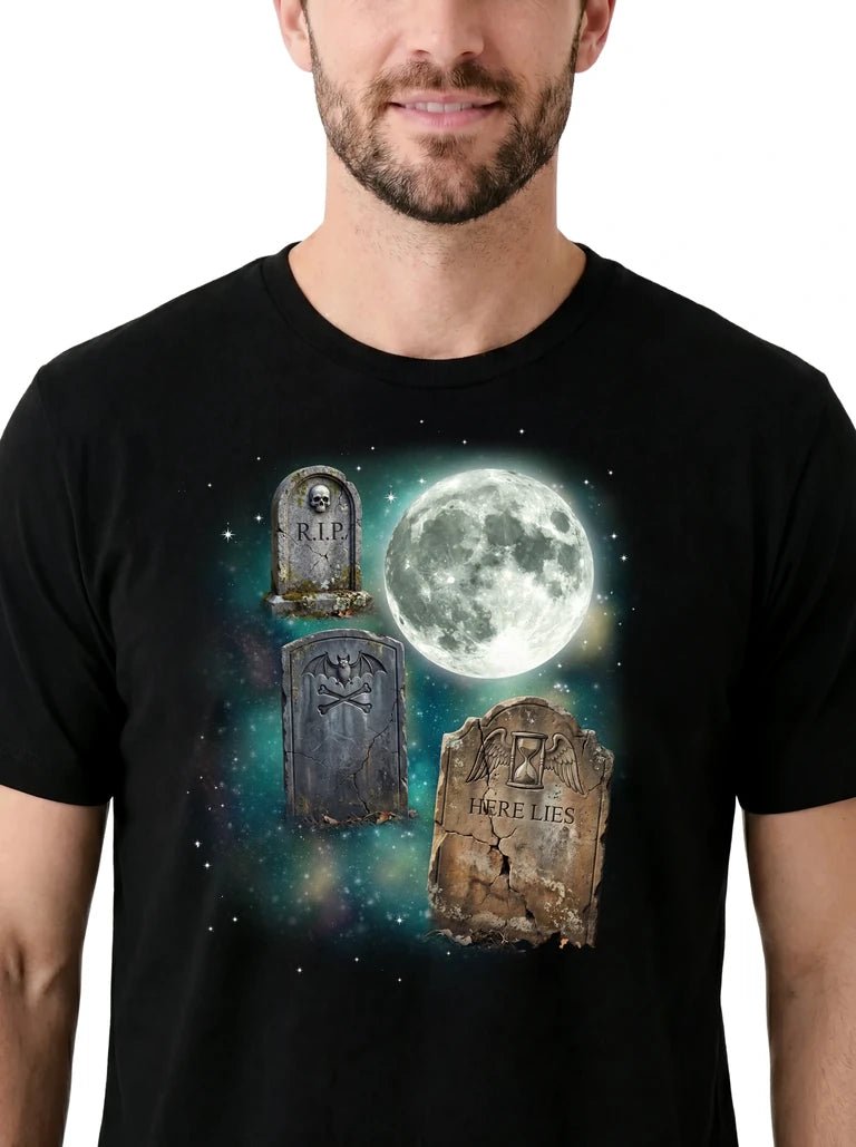 MagicMoon Three Tombstone Moon on model, design detail view, Halloween Costume Shirt