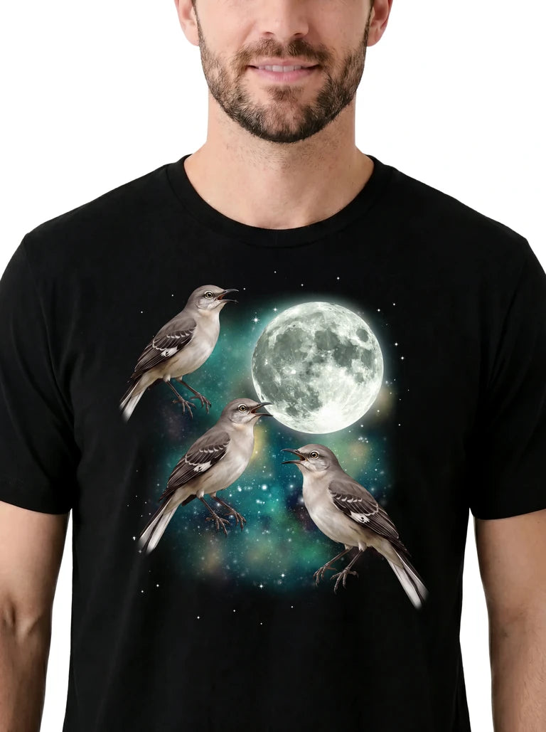 MagicMoon Three Mockingbird Moon on model, design detail view, Funny Animal Shirt