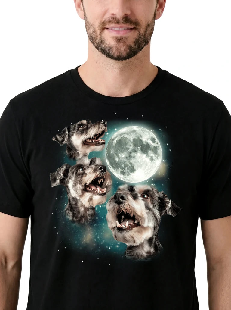 MagicMoon Three Miniature Schnauzer Moon on model, design detail view, Funny Animal Shirt