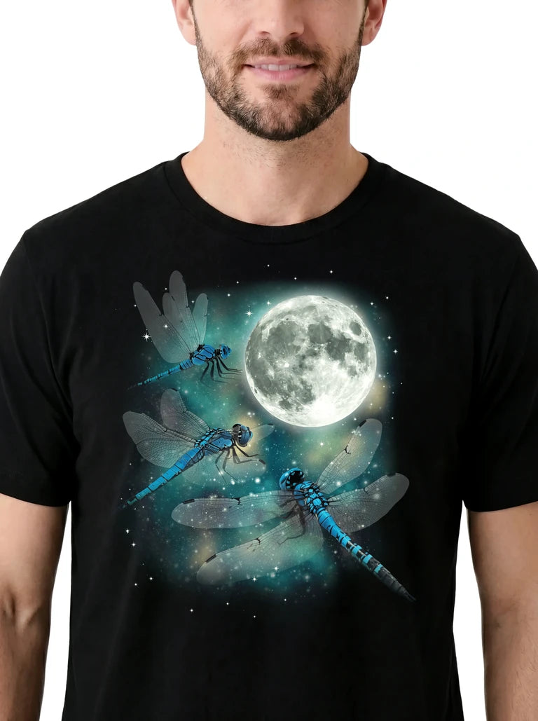 MagicMoon Three Dragonfly Moon on model, design detail view, Funny Animal Shirt