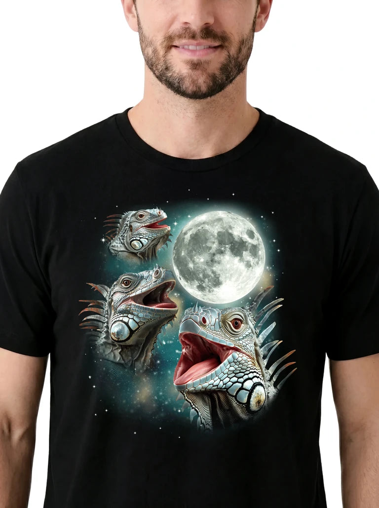 MagicMoon Three Iguana Moon on model, design detail view, Funny Animal Shirt