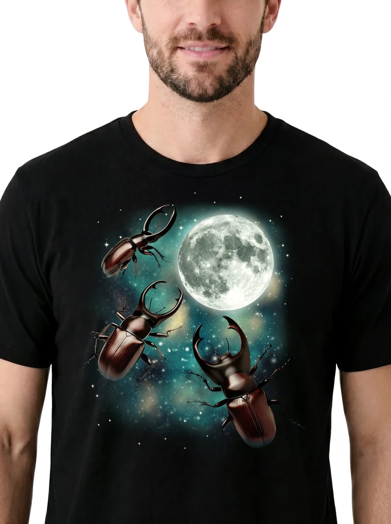 MagicMoon Three Beetle Moon on model, design detail view, Funny Animal Shirt