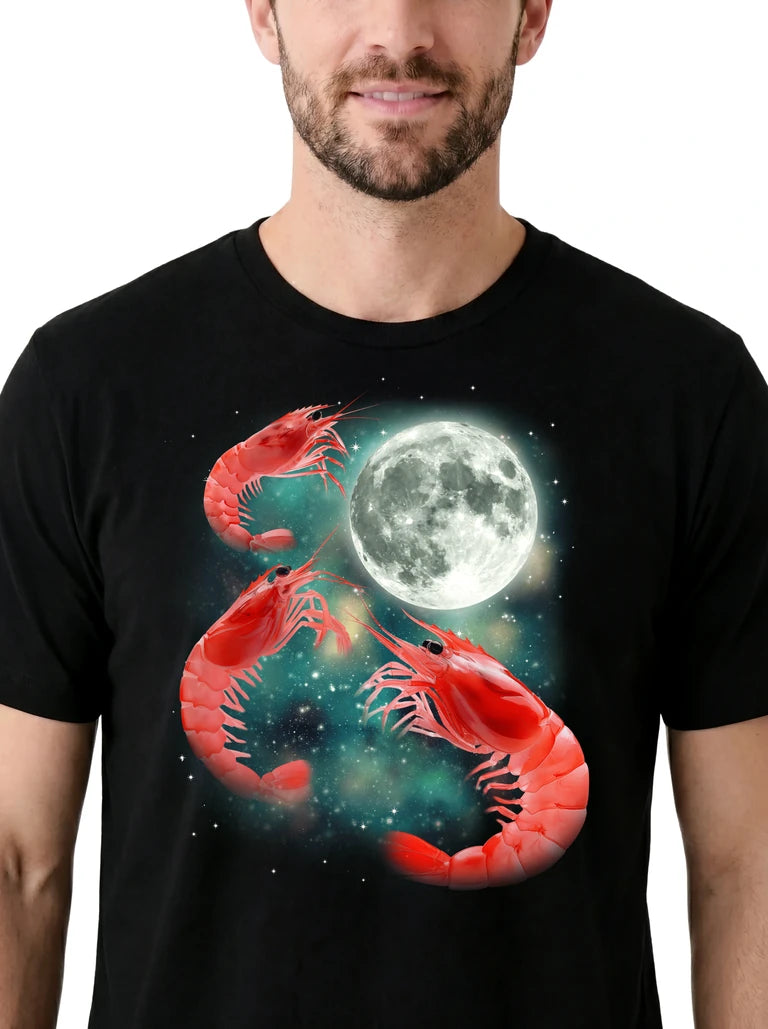 MagicMoon Three Shrimp Moon on model, design detail view, Funny Animal Shirt