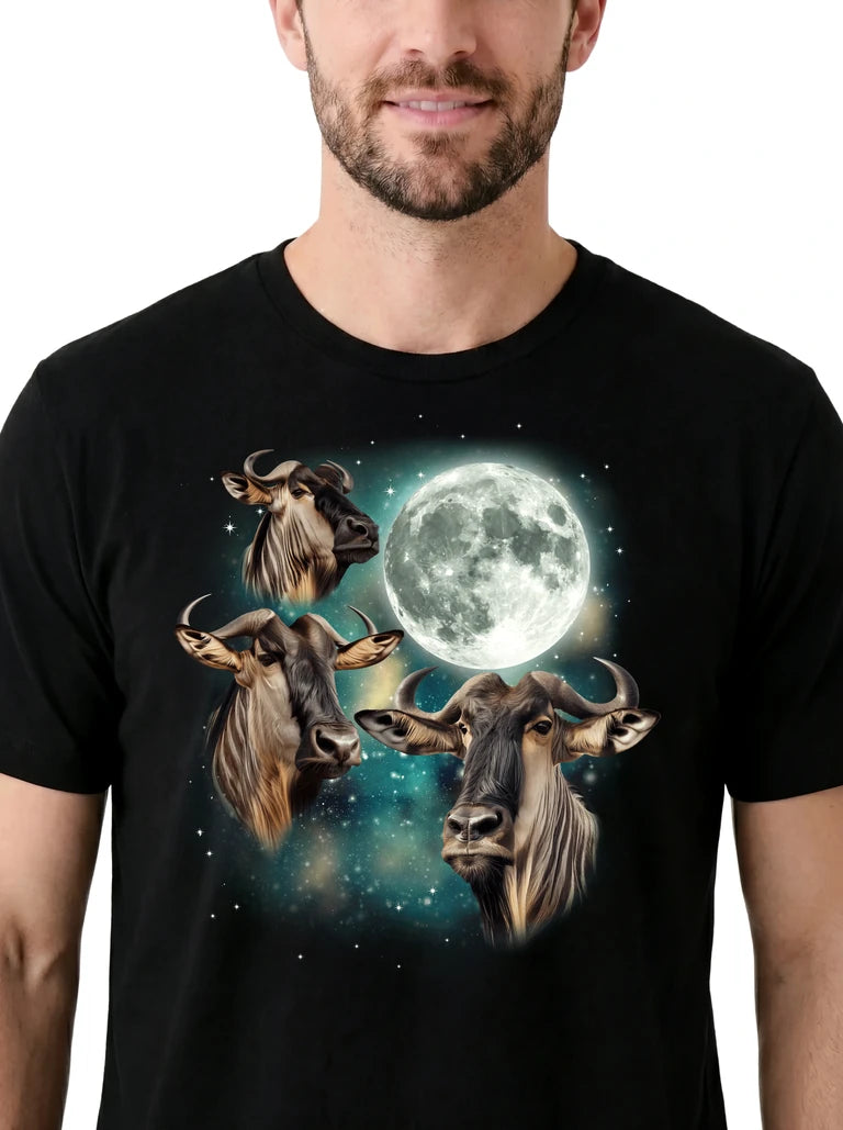MagicMoon Three Wildebeest Moon on model, design detail view, Funny Animal Shirt
