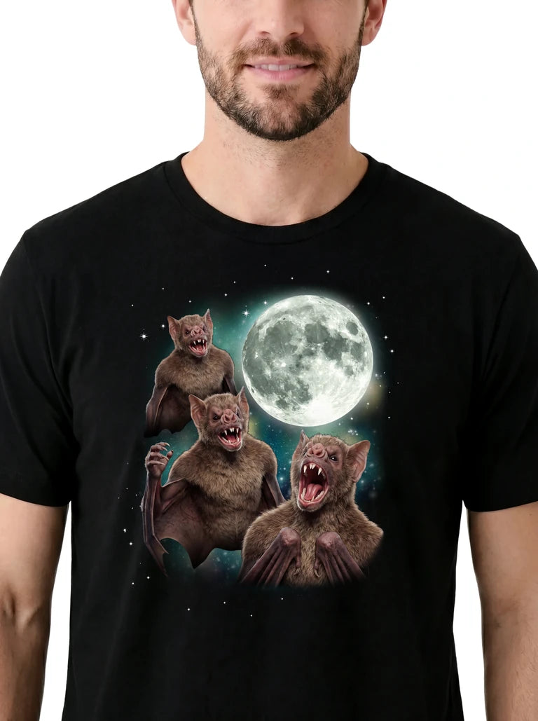 MagicMoon Three Human Bat Moon on model, design detail view, Funny Novelty Shirt