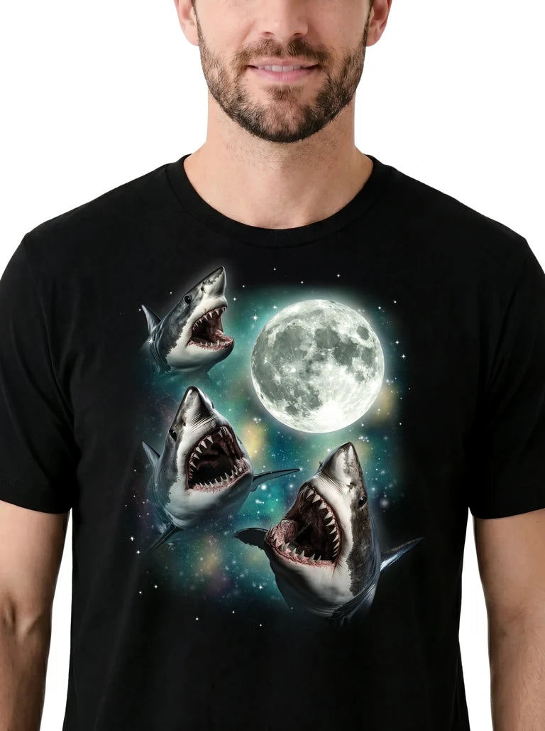 MagicMoon Three Shark Moon on model, design detail view, Funny Animal Shirt