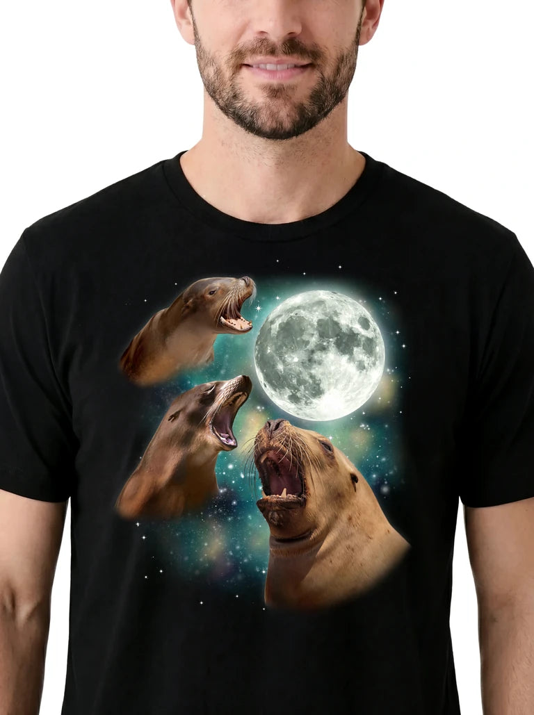 MagicMoon Three Seals Moon on model, design detail view, Funny Animal Shirt