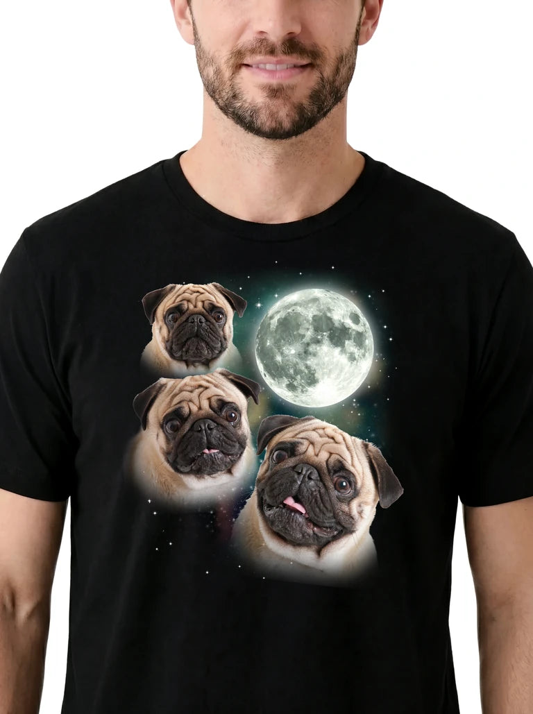 MagicMoon Three Three Pug Moon Moon on model, design detail view, Funny Animal Shirt