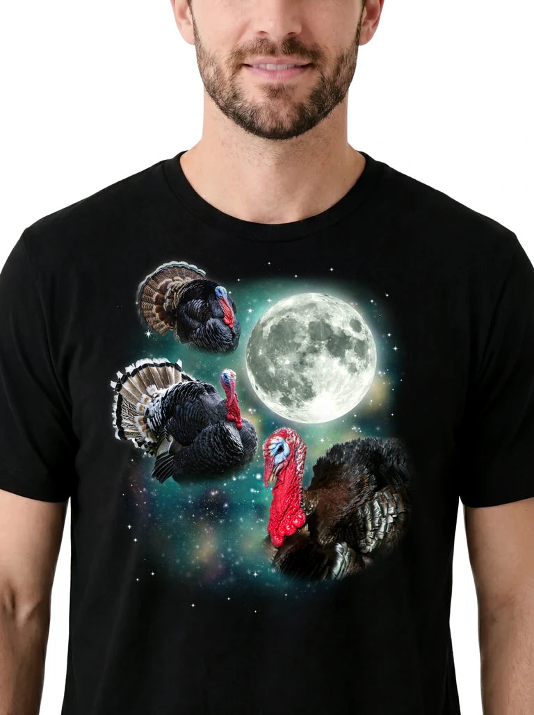 MagicMoon Three Turkey Moon on model, design detail view, Funny Animal Shirt