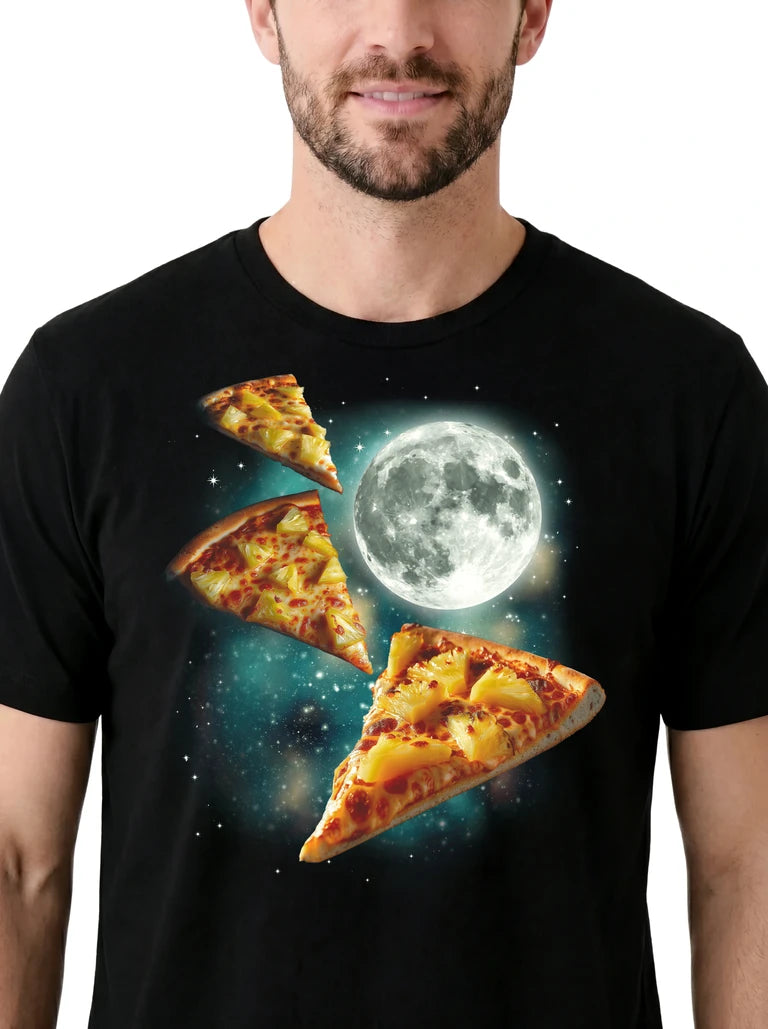 MagicMoon Three Pineapple Pizza Moon on model, design detail view, Funny Food Shirt