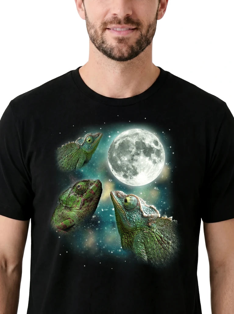 MagicMoon Three Green Chameleon Moon on model, design detail view, Funny Animal Shirt