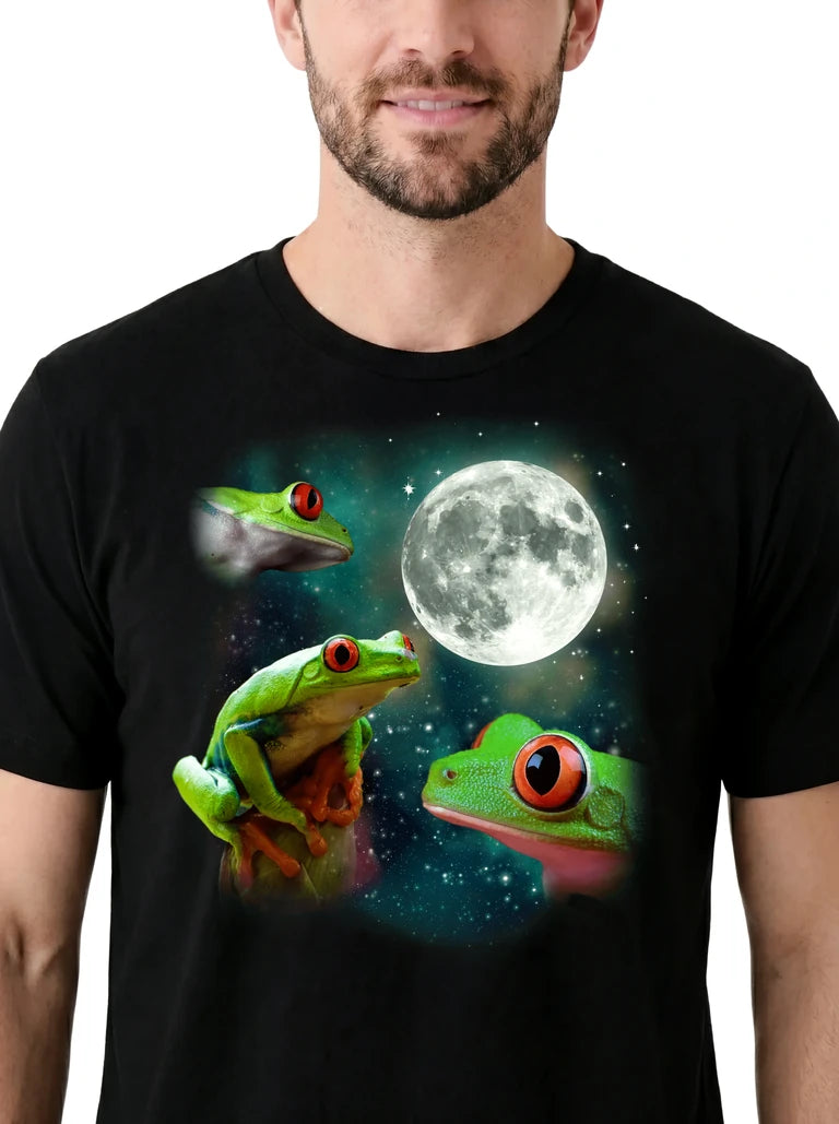 MagicMoon Three Tree Frog Moon on model, design detail view, Funny Animal Shirt