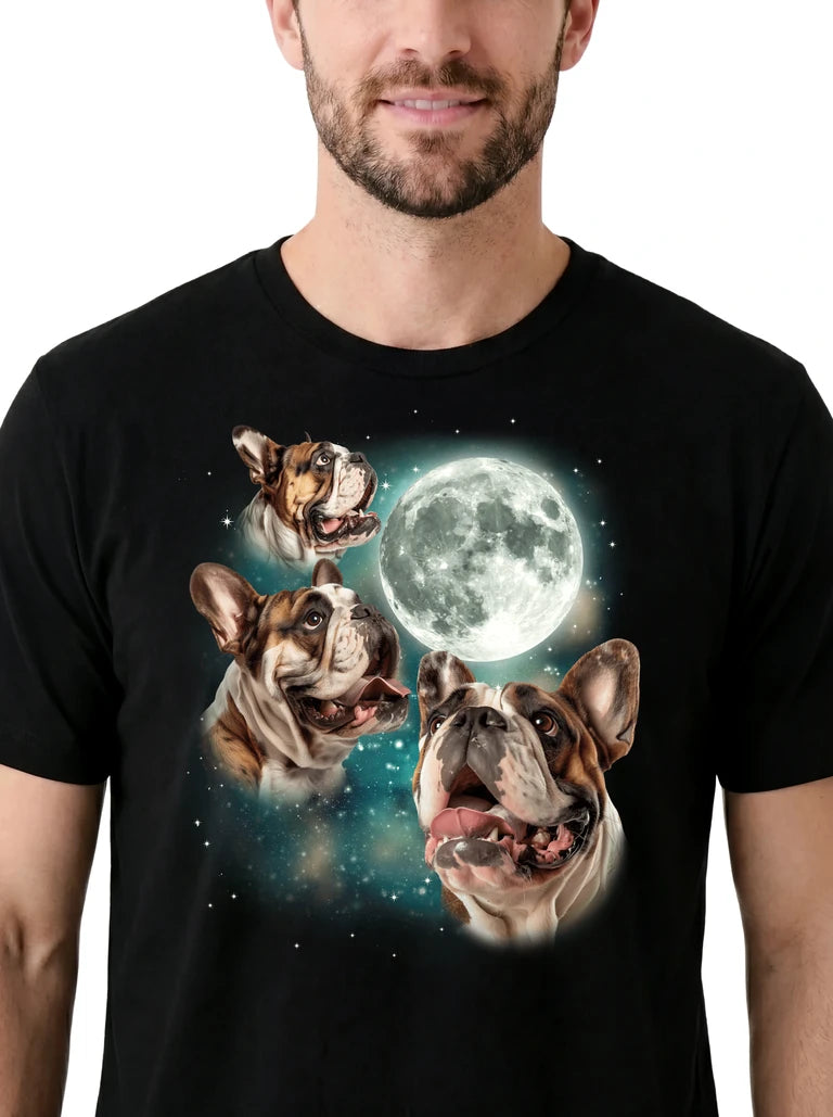 MagicMoon Three Bulldog Moon on model, design detail view, Funny Animal Shirt