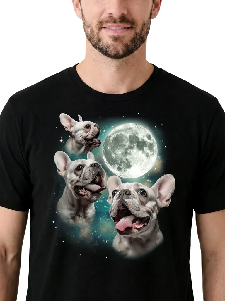 MagicMoon Three French Bulldog White Moon on model, design detail view, Funny Animal Shirt