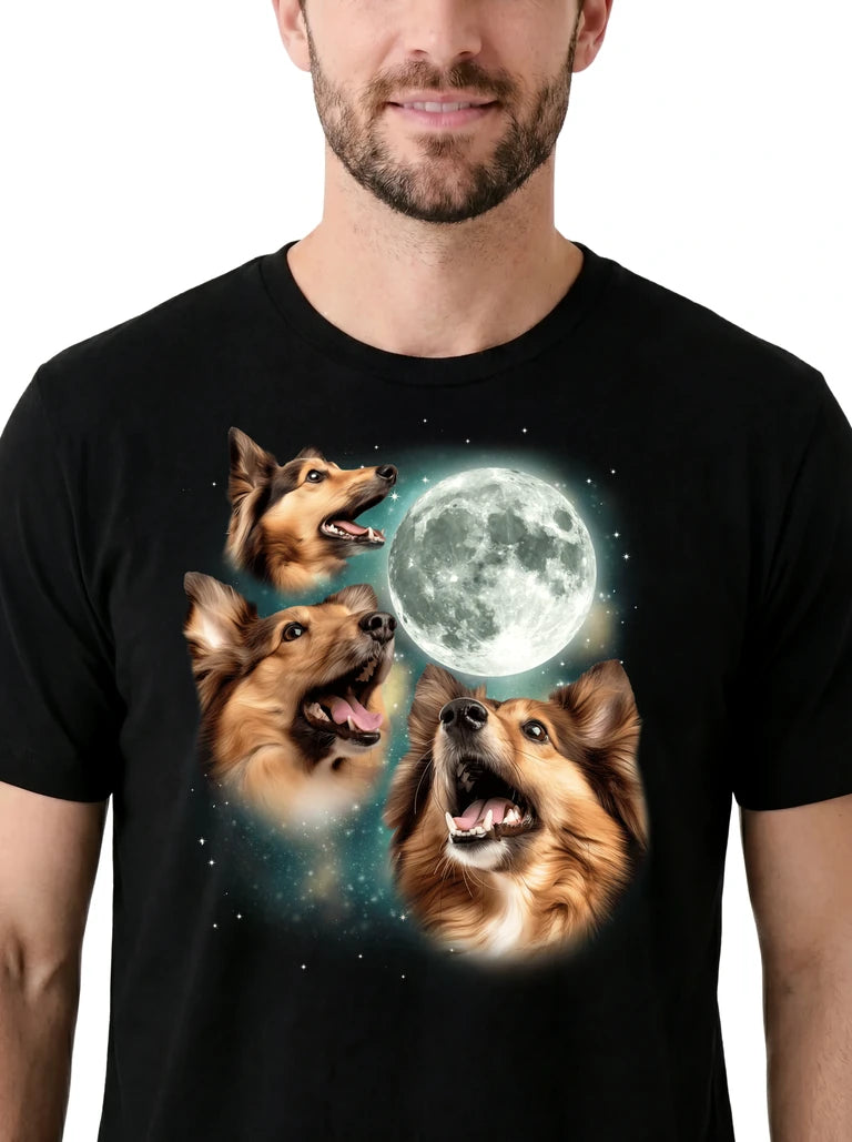 MagicMoon Three Shetland Sheepdog Moon on model, design detail view, Funny Animal Shirt