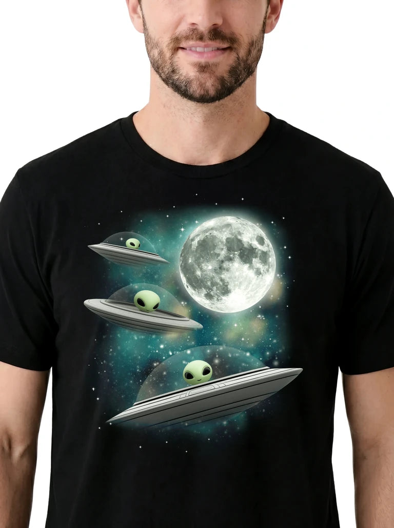 MagicMoon Three Ufo Moon on model, design detail view, Funny Novelty Shirt