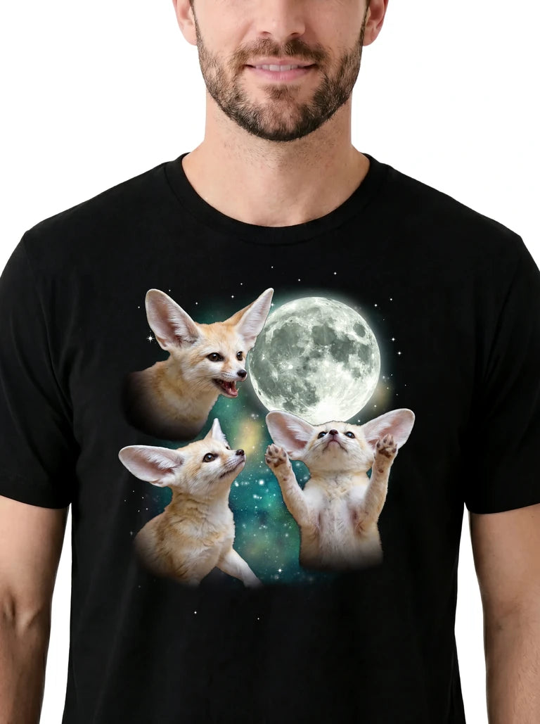 MagicMoon Three Fennec Fox Moon on model, design detail view, Funny Animal Shirt