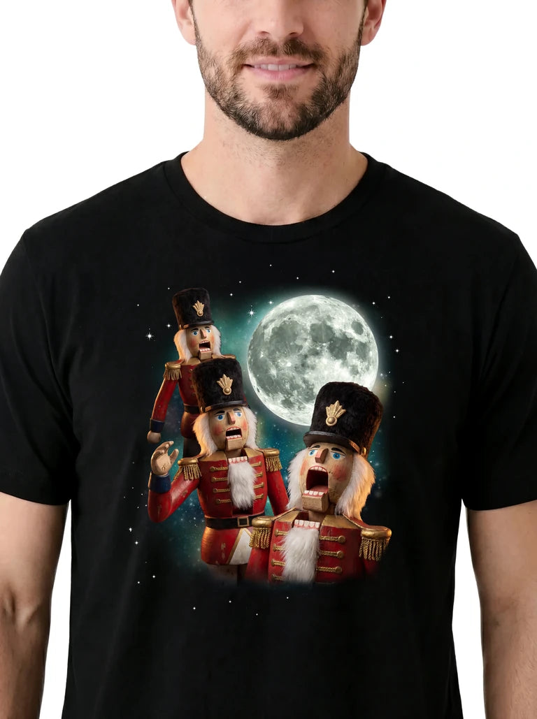 MagicMoon Three Nutcracker Moon on model, design detail view, Christmas Gift Shirt