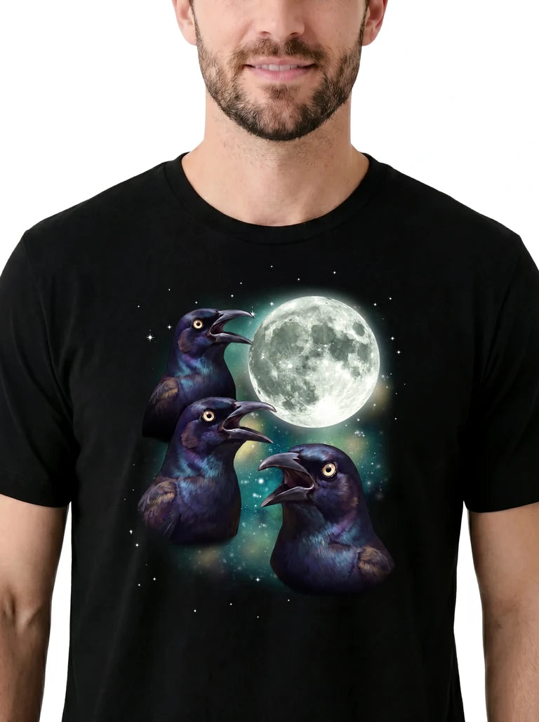 MagicMoon Three Grackle Moon on model, design detail view, Funny Animal Shirt