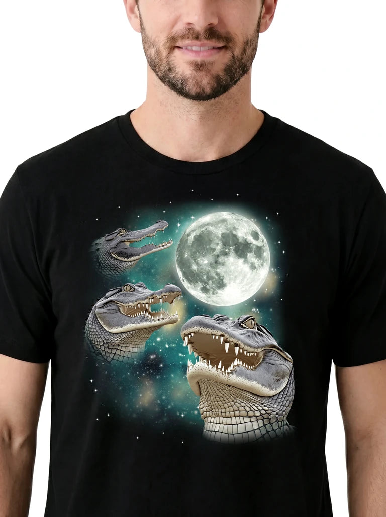 MagicMoon Three Crocodile Moon on model, design detail view, Funny Animal Shirt