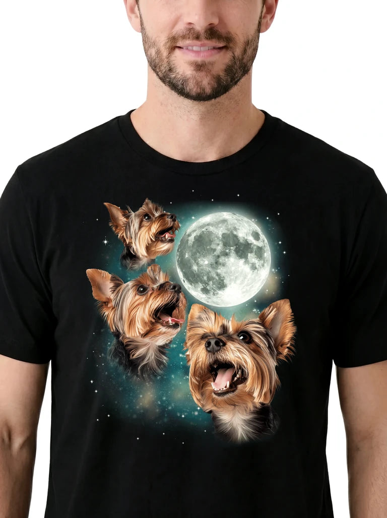 MagicMoon Three Yorkshire Terrier Moon on model, design detail view, Funny Animal Shirt