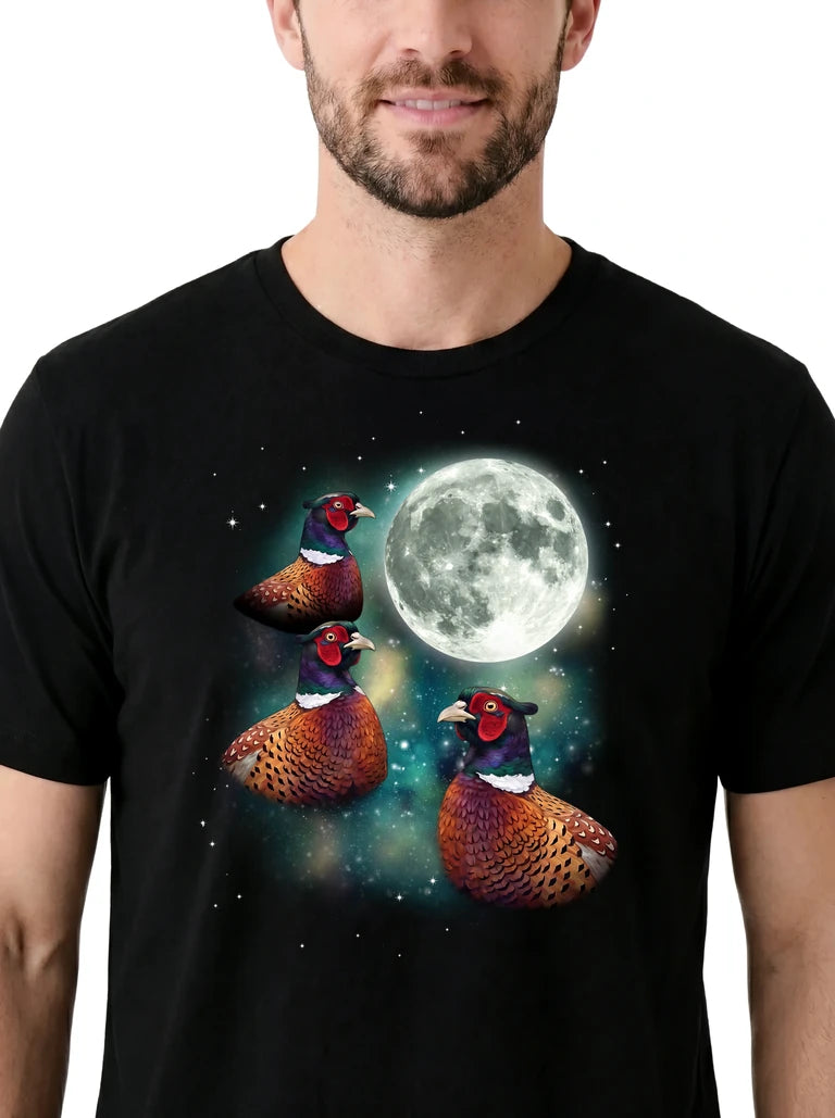 MagicMoon Three Pheasant Moon on model, design detail view, Funny Animal Shirt