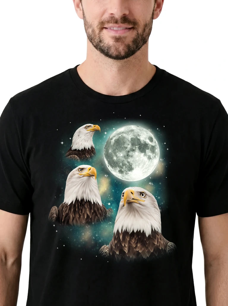 MagicMoon Three Bald Eagle Moon on model, design detail view, Funny Animal Shirt