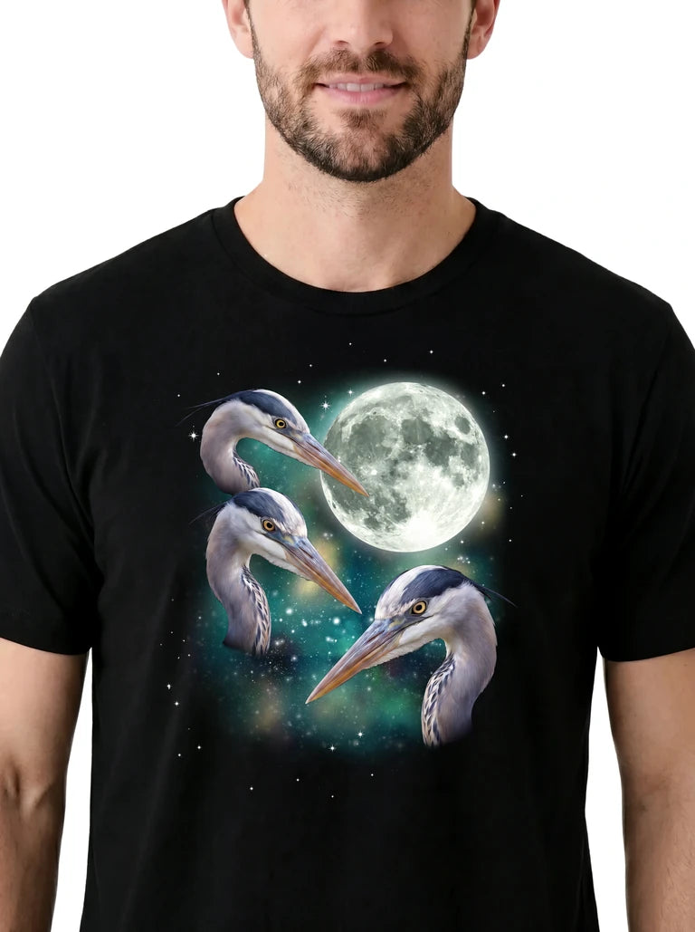 MagicMoon Three Heron Moon on model, design detail view, Funny Animal Shirt