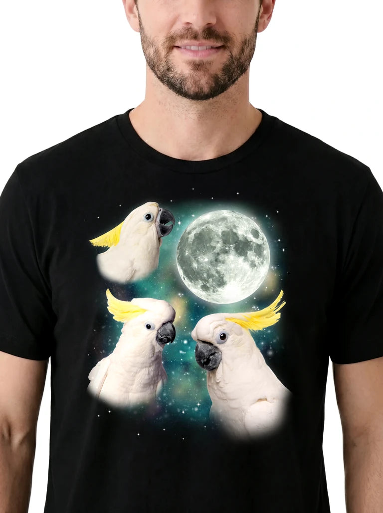 MagicMoon Three Cockatoo Moon on model, design detail view, Funny Animal Shirt