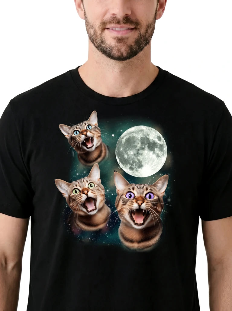 MagicMoon Three Tabby Cat Moon on model, design detail view, Funny Animal Shirt