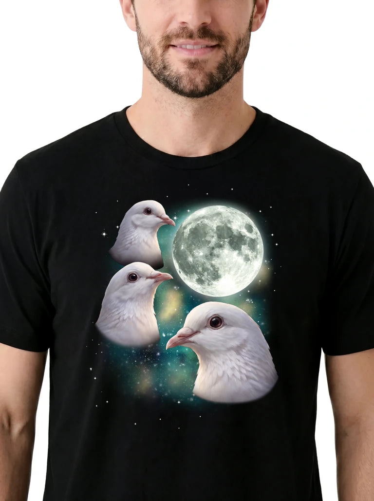 MagicMoon Three Dove Moon on model, design detail view, Funny Animal Shirt