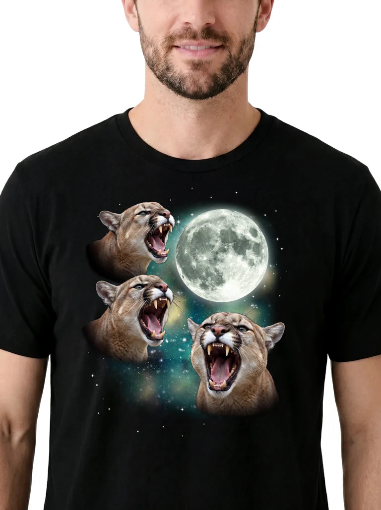 MagicMoon Three Cougar Moon on model, design detail view, Funny Animal Shirt