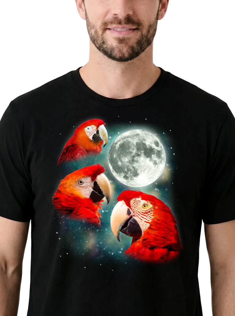 MagicMoon Three Parrot 2 Moon on model, design detail view, Funny Animal Shirt