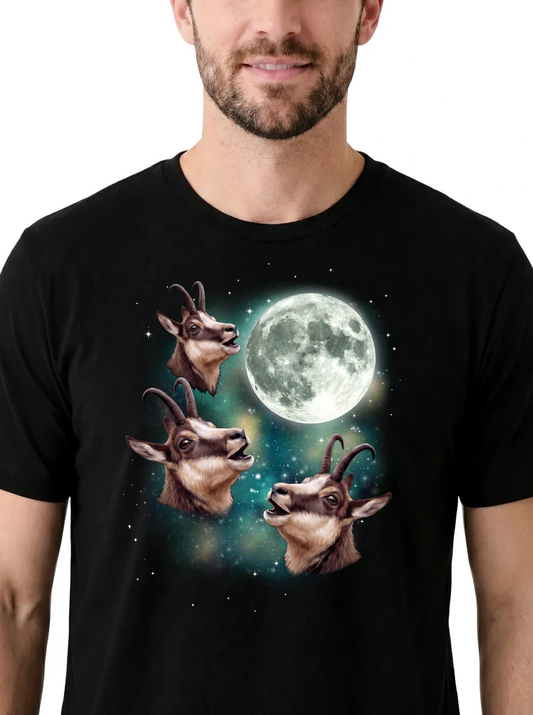 MagicMoon Three Chamois Moon on model, design detail view, Funny Animal Shirt