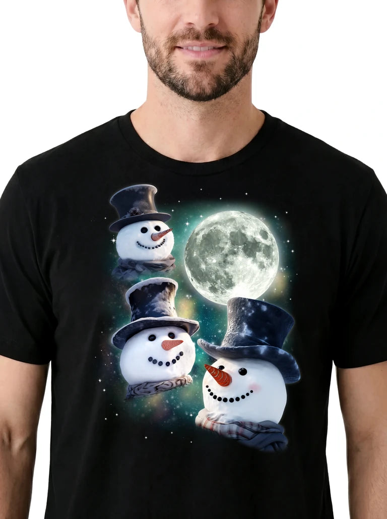 MagicMoon Three Snowman Moon on model, design detail view, Christmas Gift Shirt