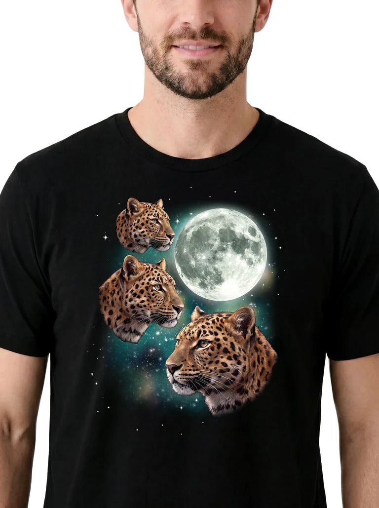 MagicMoon Three Leopard Moon on model, design detail view, Funny Animal Shirt