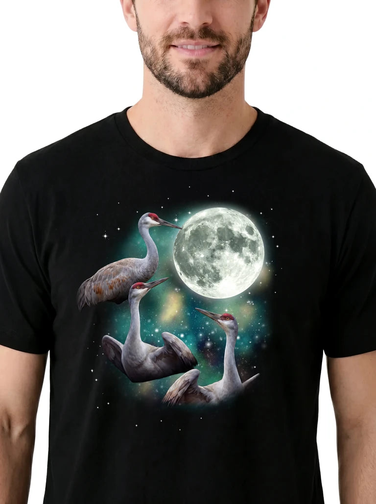 MagicMoon Three Crane Moon on model, design detail view, Funny Animal Shirt