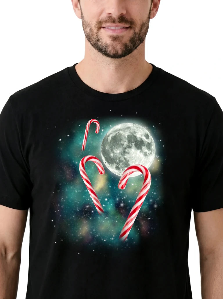 MagicMoon Three Candy Cane Moon on model, design detail view, Christmas Gift Shirt