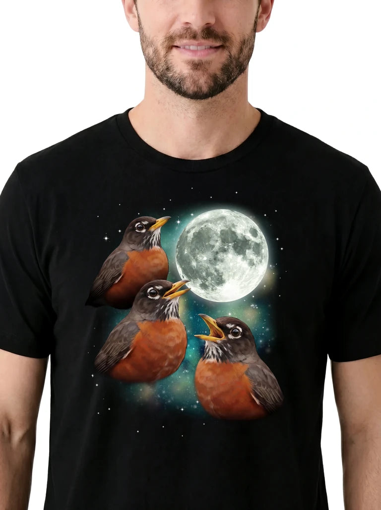 MagicMoon Three Robin Moon on model, design detail view, Funny Animal Shirt