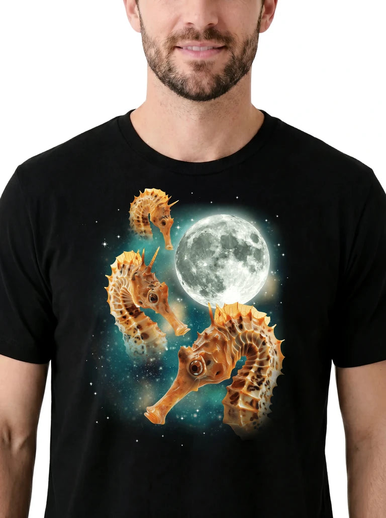 MagicMoon Three Seahorse Moon on model, design detail view, Funny Animal Shirt