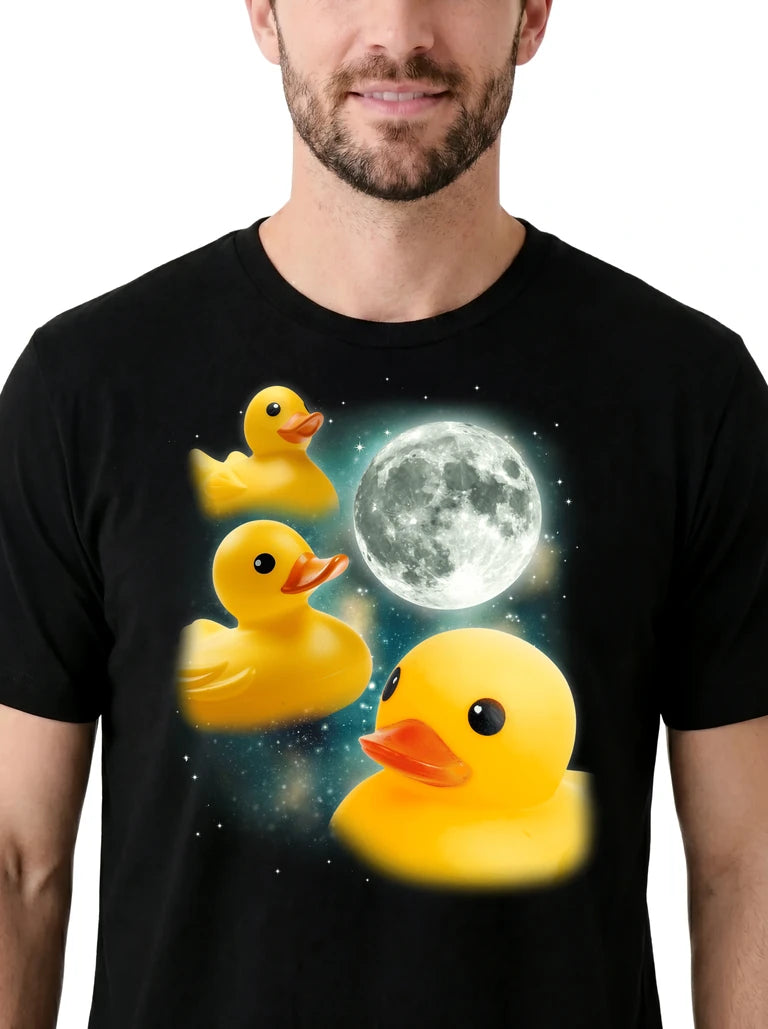 MagicMoon Three Rubber Duck Moon on model, design detail view, Funny Novelty Shirt