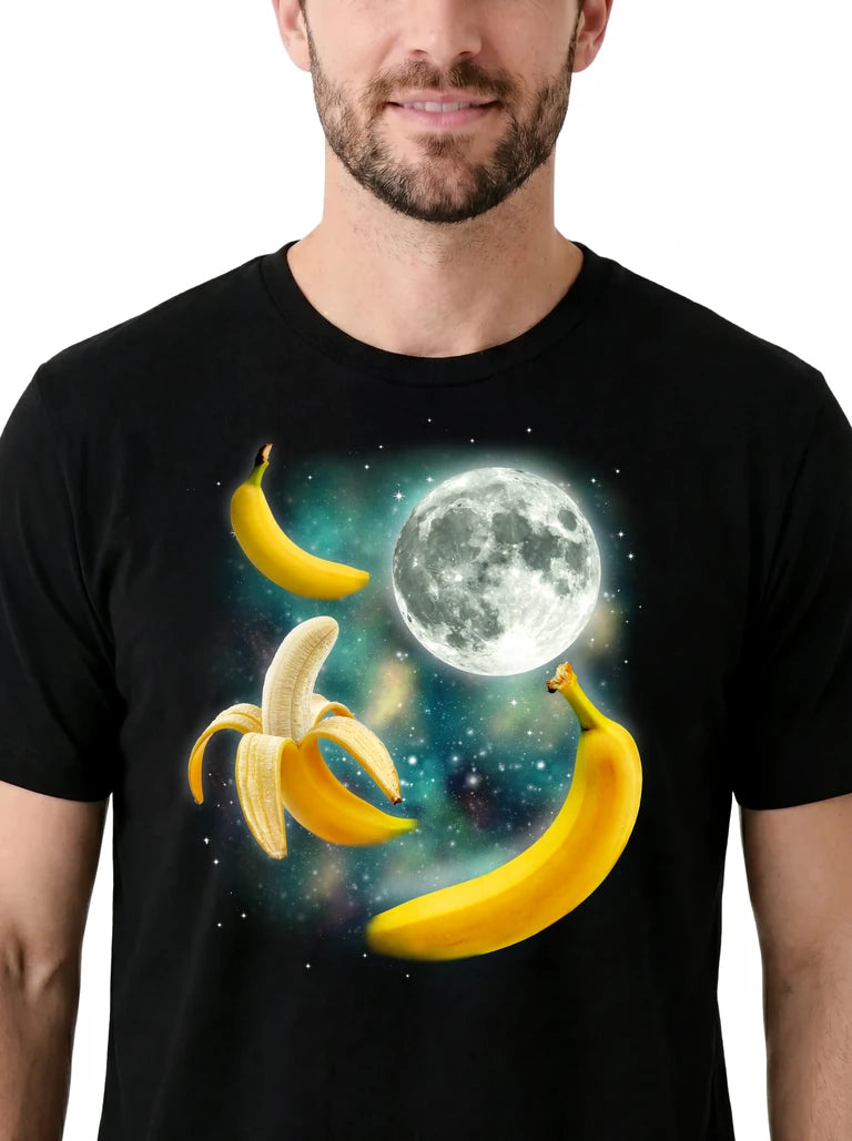 MagicMoon Three Banana Moon on model, design detail view, Funny Food Shirt