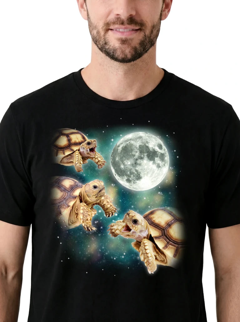 MagicMoon Three Tortoise Moon on model, design detail view, Funny Animal Shirt