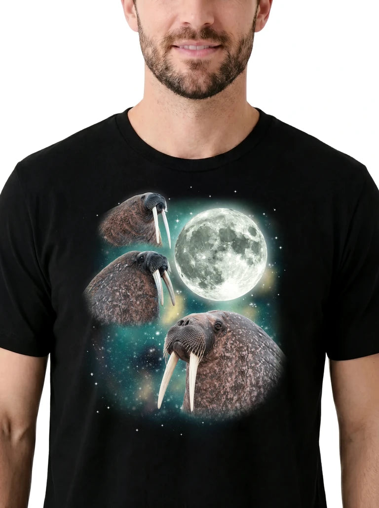 MagicMoon Three Walrus Moon on model, design detail view, Funny Animal Shirt