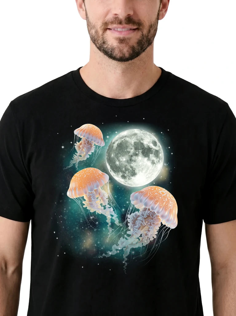 MagicMoon Three Jellyfish Moon on model, design detail view, Funny Animal Shirt